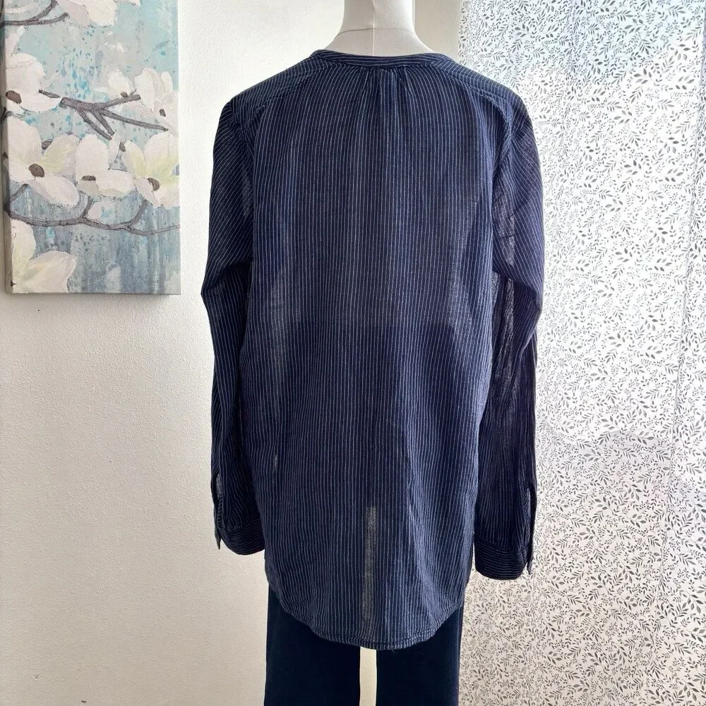 Old Navy Tunic Blouse Womens L Navy White Stripe 100% Cotton Button Front